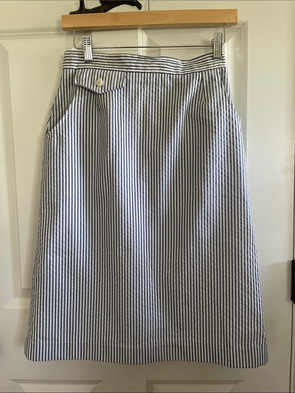 Blue and White Striped Midi Skirt with Pocket Detail